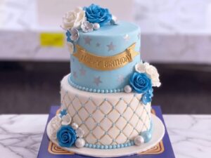 Powder Blue Floral Tiered Bridal Cake in Lahore