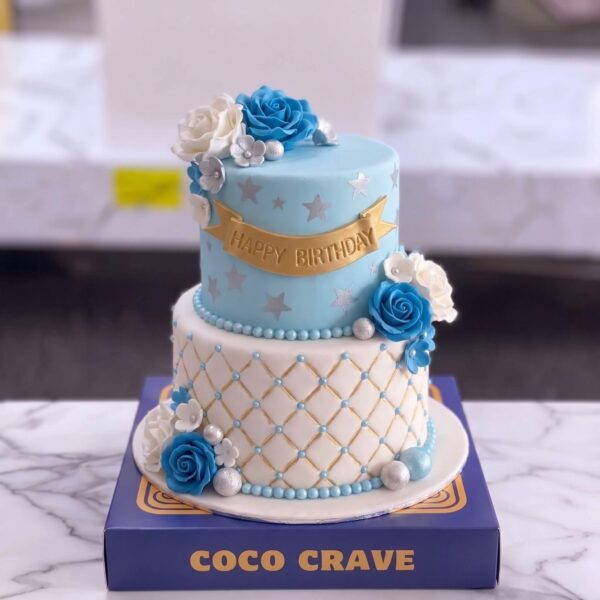 Powder Blue Floral Tiered Bridal Cake in Lahore — delivered in Lahore
