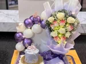 Purple Butterfly Cake Rose Bouquet and Balloons in Lahore