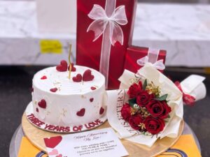 Red Heart Anniversary Cake with Rose Gift in Lahore