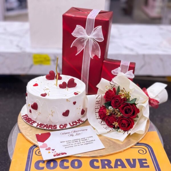 Red Heart Anniversary Cake with Rose Gift in Lahore — delivered in Lahore