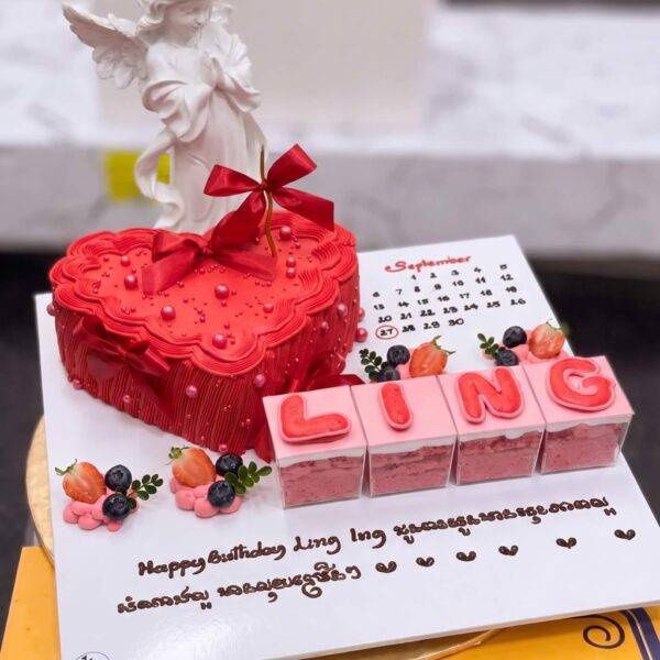 Red Heart Love Cake with Roses and Bow in Lahore — delivered in Lahore