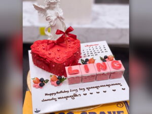 Red Heart Love Cake with Roses and Bow in Lahore