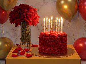 Red Rose Birthday Cake with Balloon Bouquet in Lahore