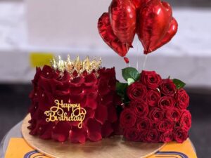 Red Rose Birthday Cake with Heart Balloons in Lahore