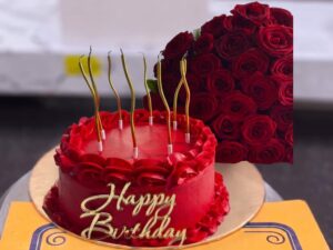 Red Rose Candle Cake and Rose Bouquet Set in Lahore