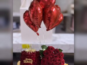 Red Rose Crown Cake Bouquet and Balloons in Lahore