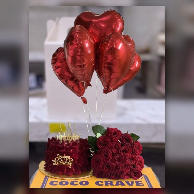 Red Rose Crown Cake Bouquet and Balloons in Lahore