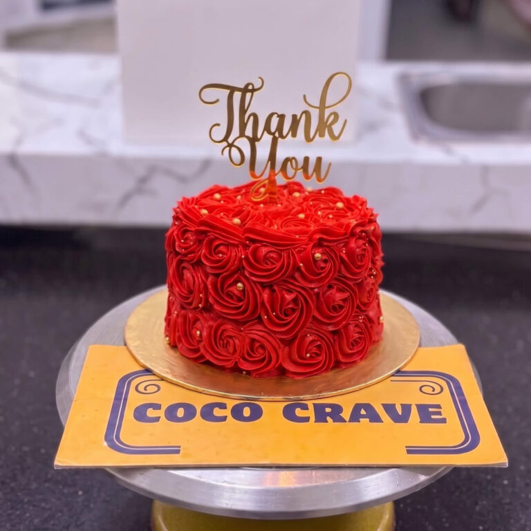 Red Rosette Thank You Cake in Lahore