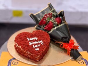 Red Velvet Heart Cake and Rose Bouquet in Lahore