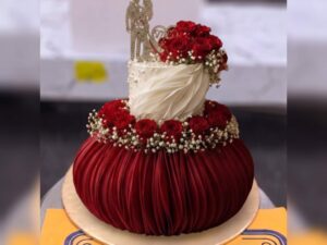Red Velvet Pleat Two Tier Walima Cake in Lahore