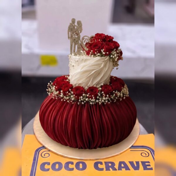 Red Velvet Pleat Two Tier Walima Cake in Lahore — delivered in Lahore