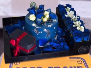 Royal Blue Floral Cake with Blue Rose Gift Box in Lahore — CocoCrave Lahore