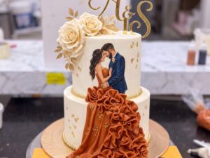Rust Gown Couple Two Tier Walima Cake in Lahore
