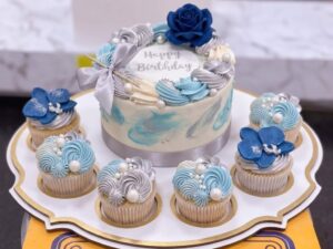 Silver Blue Floral Cake and Cupcakes Set in Lahore