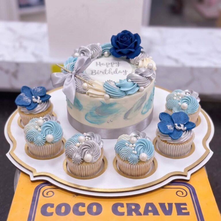Silver Blue Floral Cake and Cupcakes Set in Lahore