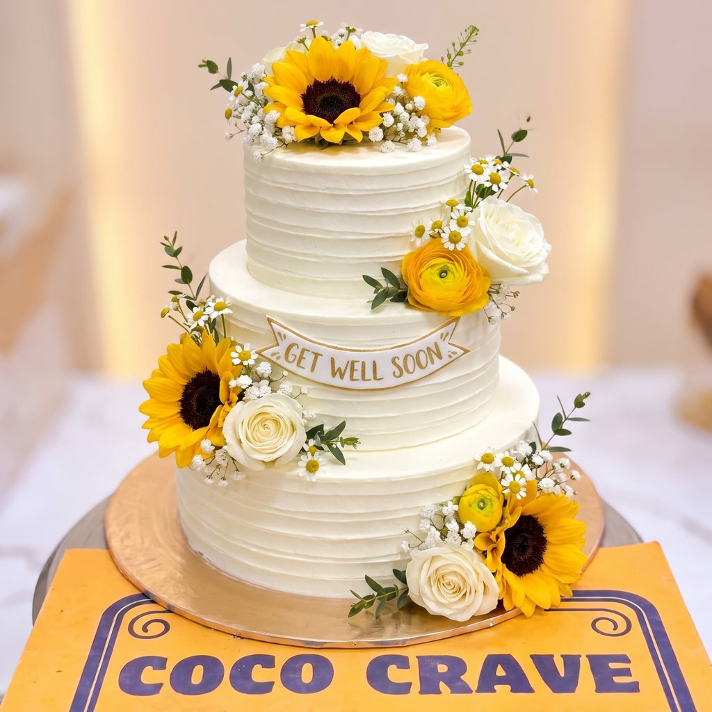 Sunflower Three Tier Get Well Soon Cake in Lahore Sunflower Three Tier Get Well Soon Cake in Lahore — CocoCrave Lahore