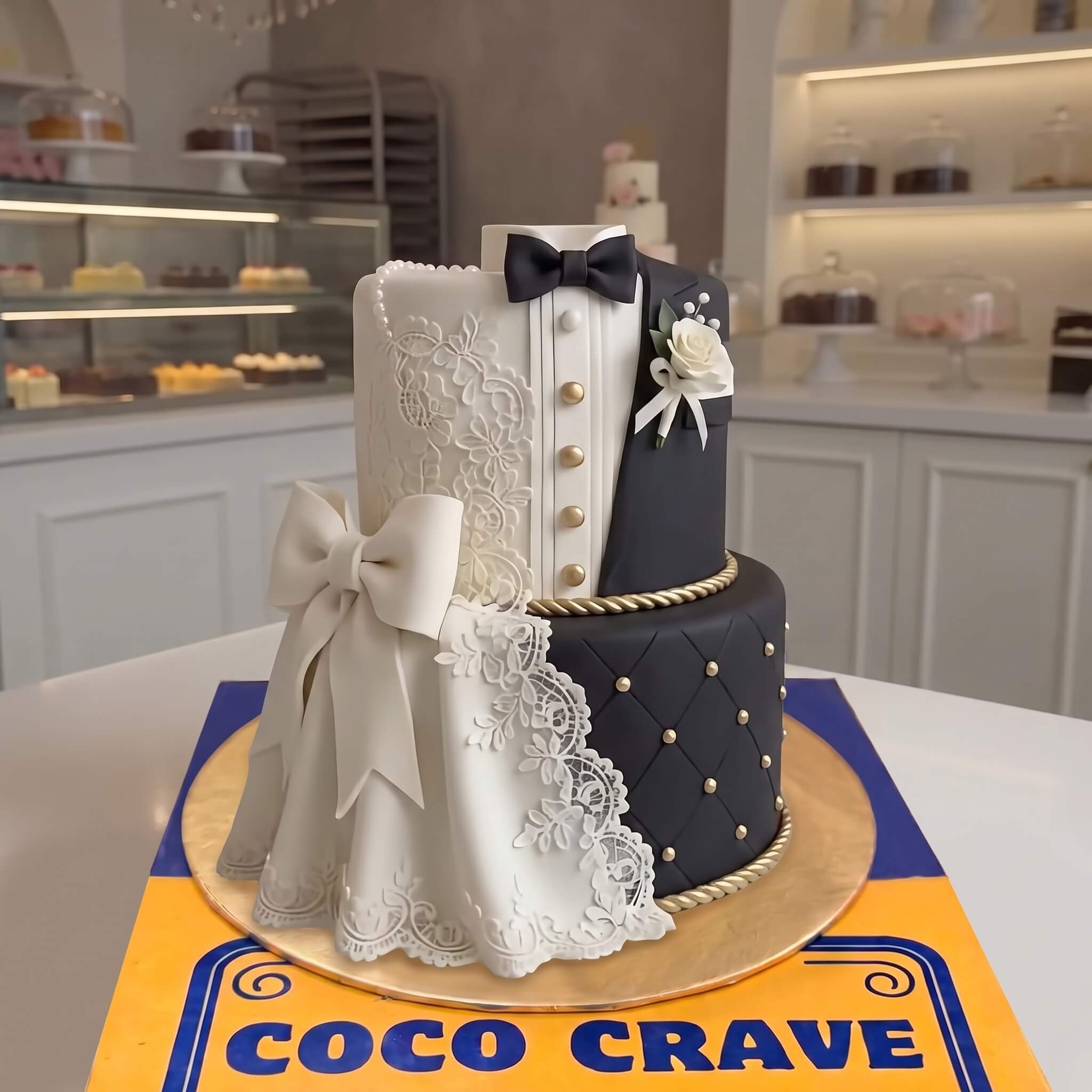 Tuxedo and Lace Gown Two Tier Walima Cake in Lahore Tuxedo and Lace Gown Two Tier Walima Cake in Lahore — CocoCrave Lahore