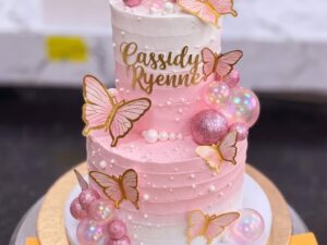 Two Tier Pink Butterfly Cake with Pearls in Lahore — delivered in Bahria Town, Lahore