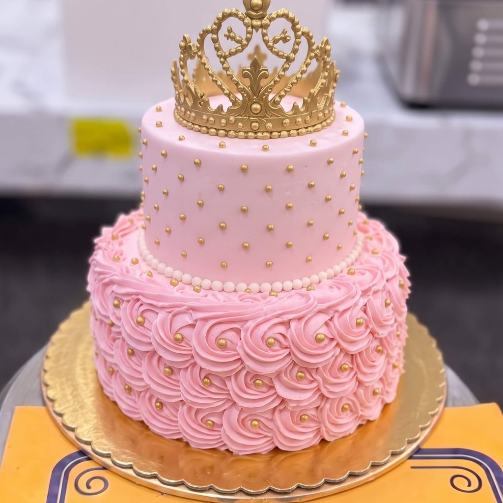 Two Tier Pink Rosette Crown Cake in Lahore Cakes To Lahore by CocoCrave.pk — premium cakes to lahore delivered in Lahore