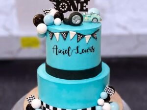 Two Tier Teal Racing Car Cake in Lahore