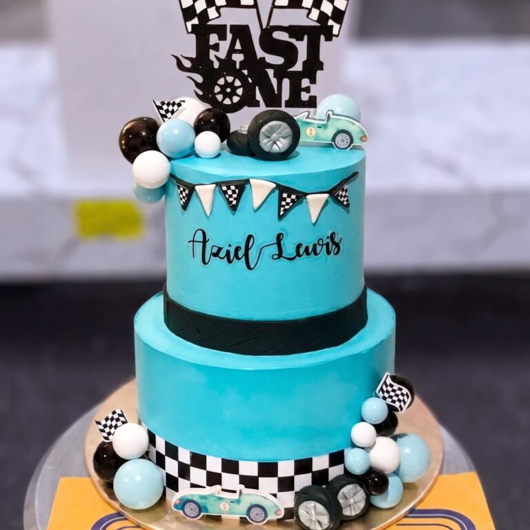 Two Tier Teal Racing Car Cake in Lahore