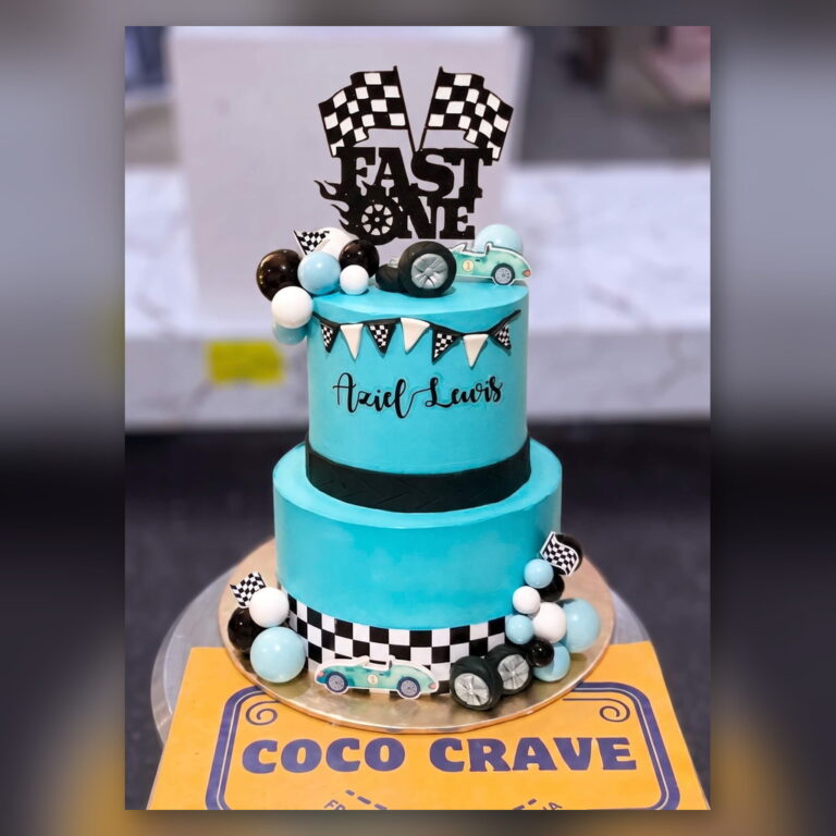Two Tier Teal Racing Car Cake in Lahore