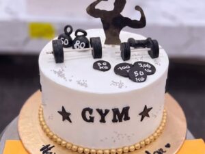White and Black Gym Cake with Dumbbells in Lahore