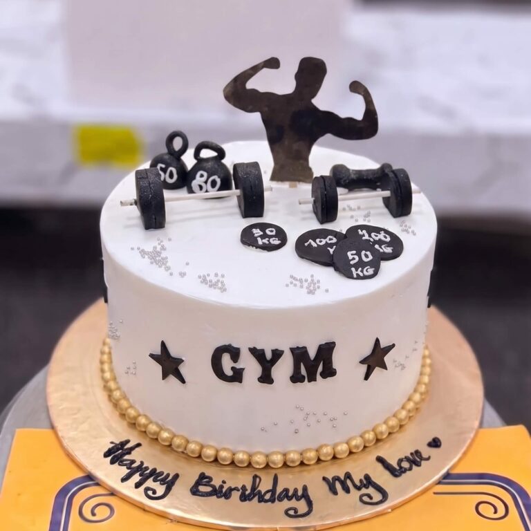 White and Black Gym Cake with Dumbbells in Lahore