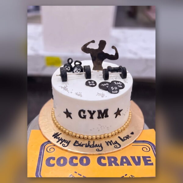 White and Black Gym Cake with Dumbbells in Lahore — delivered in Lake City, Lahore