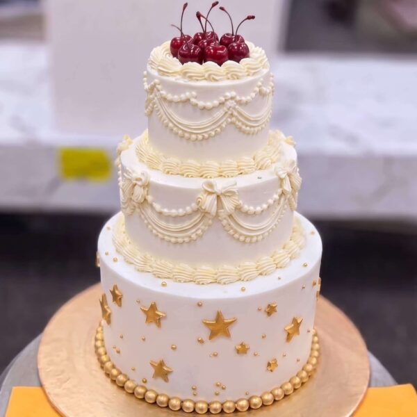 White and Gold Star Vintage Cake in Lahore — delivered in Gulberg, Lahore