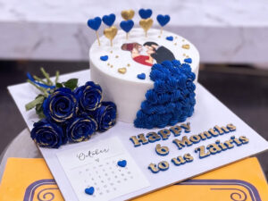White Blue Heart Anniversary Cake with Roses in Lahore