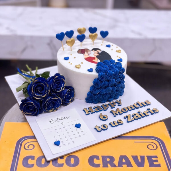 White Blue Heart Anniversary Cake with Roses in Lahore — delivered in Lahore