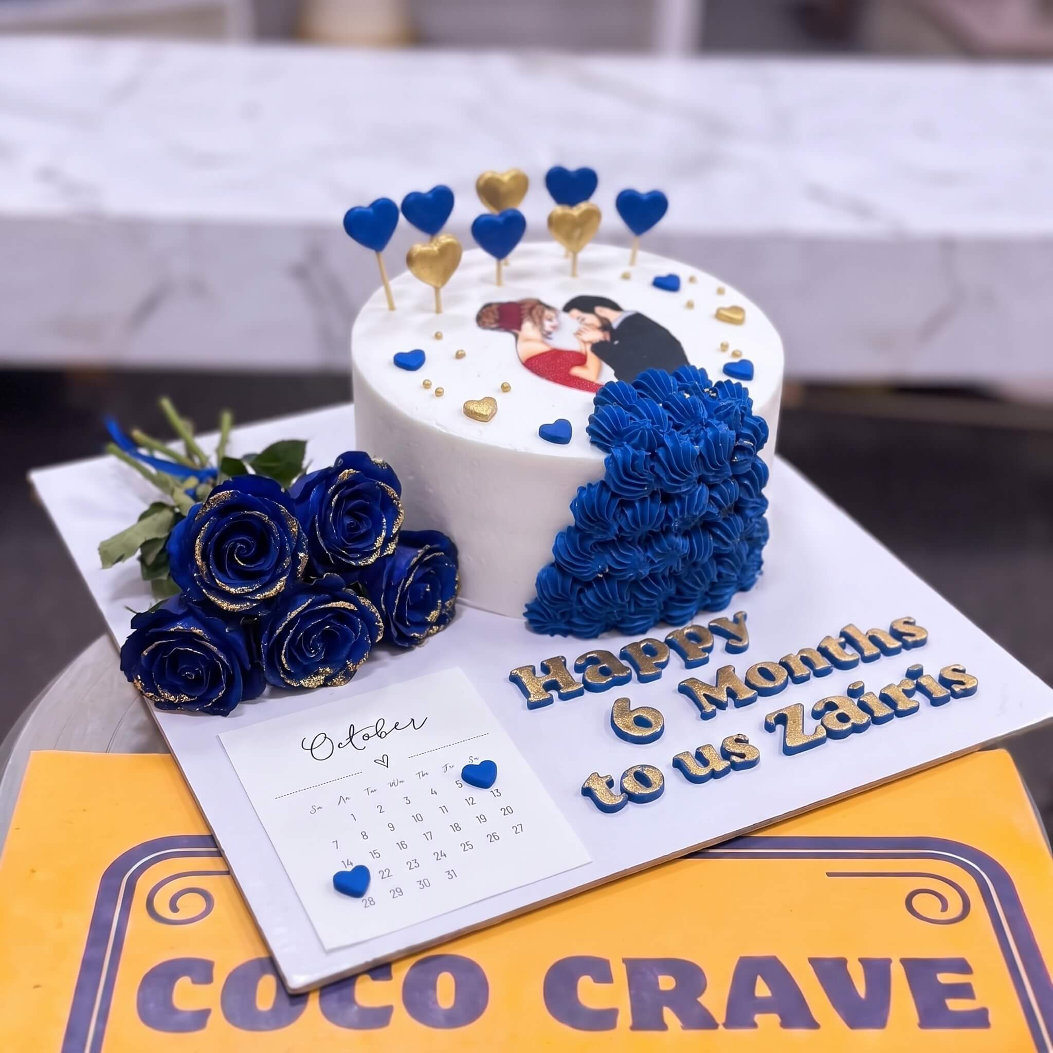 White Blue Heart Anniversary Cake with Roses in Lahore White Blue Heart Anniversary Cake with Roses in Lahore — CocoCrave Lahore