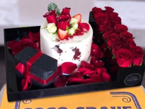 White Floral Cake and Red Rose Gift Box in Lahore