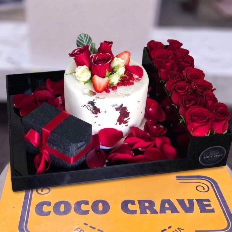 White Floral Cake and Red Rose Gift Box in Lahore