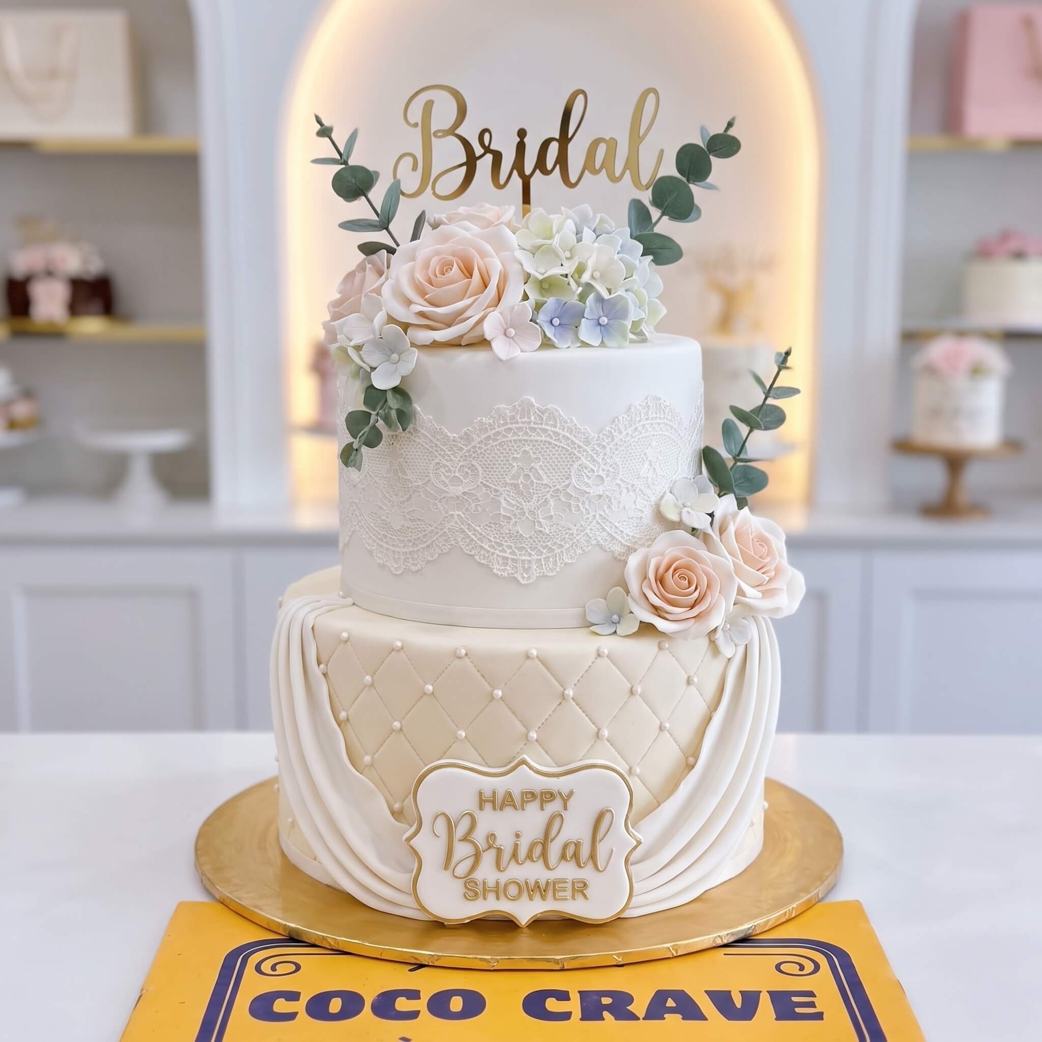 White Floral Two Tier Bridal Shower Cake in Lahore White Floral Two Tier Bridal Shower Cake in Lahore — CocoCrave Lahore