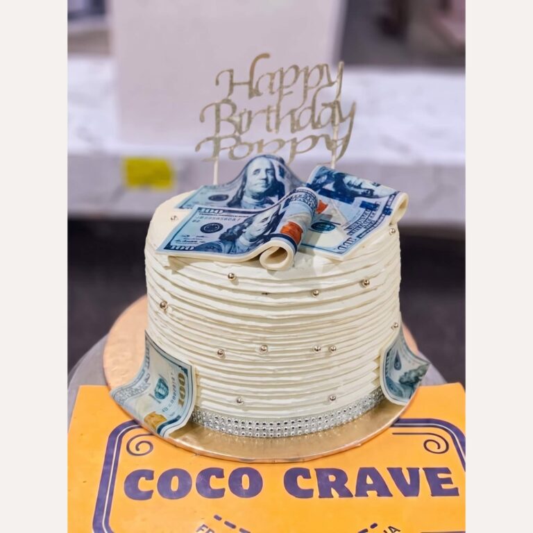 White Money Roll Blue Bow Birthday Cake in Lahore