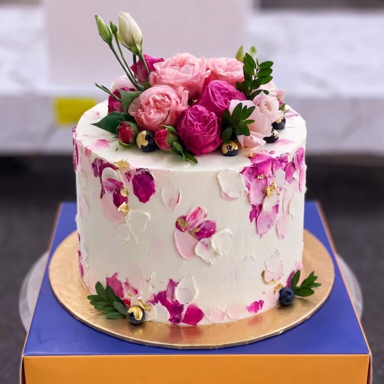 White Pink Watercolour Floral Cake in Lahore