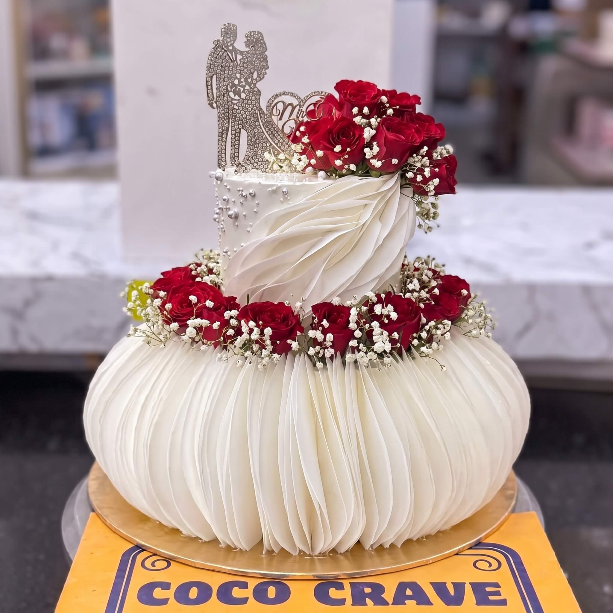 White Pleated Red Rose Two Tier Walima Cake in Lahore White Pleated Red Rose Two Tier Walima Cake in Lahore — CocoCrave Lahore