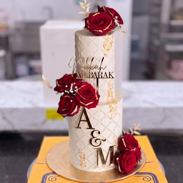 White Quilted Red Rose Two Tier Nikkah Cake in Lahore — delivered in Lahore