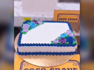 White Rectangle Cake with Blue Floral Border in Lahore