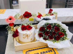 White Red Floral Cake and Rose Bouquet in Lahore
