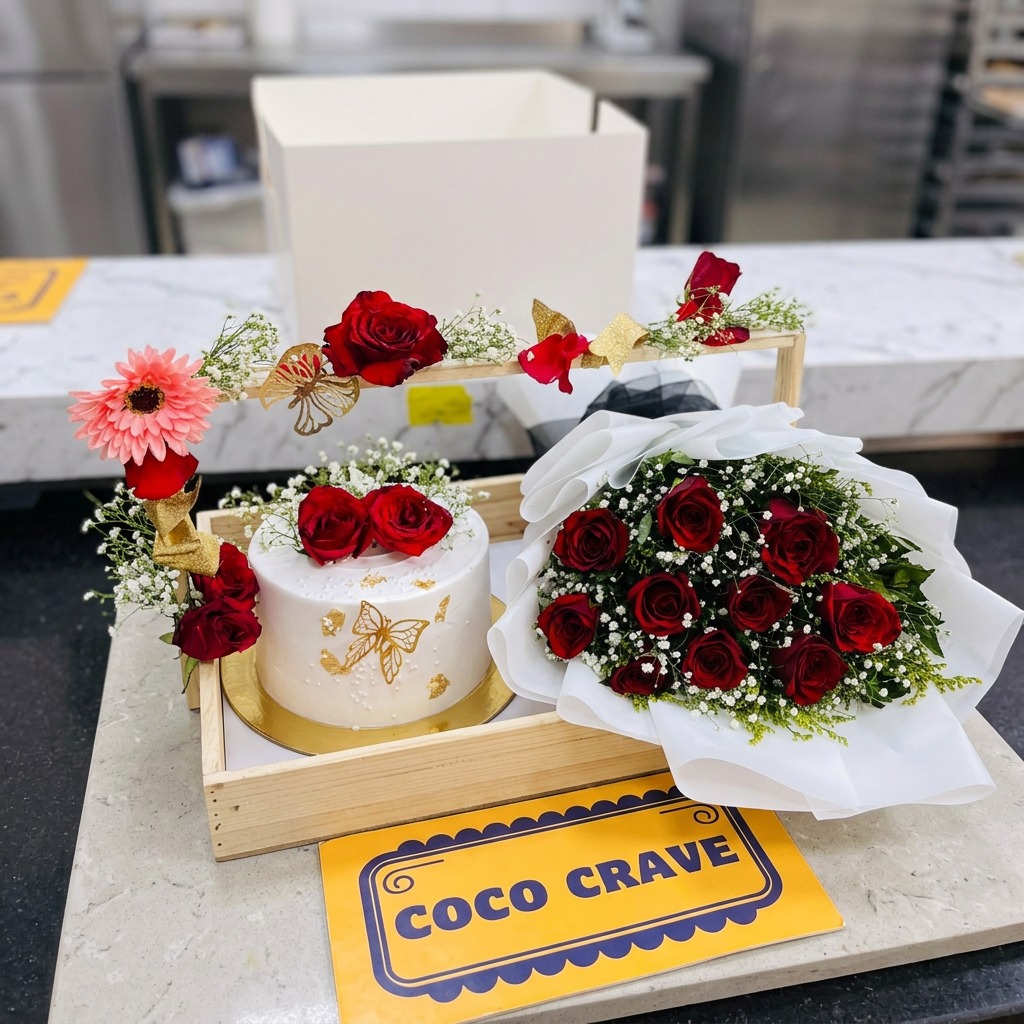 White Red Floral Cake and Rose Bouquet in Lahore White Red Floral Cake and Rose Bouquet in Lahore — CocoCrave Lahore