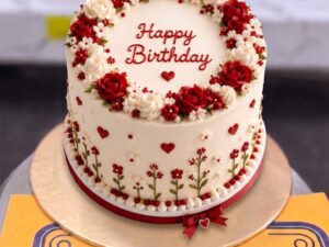 White Red Floral Wreath Birthday Cake in Lahore