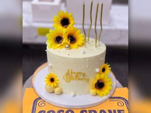 White Sunflower Gold Candle Birthday Cake in Lahore
