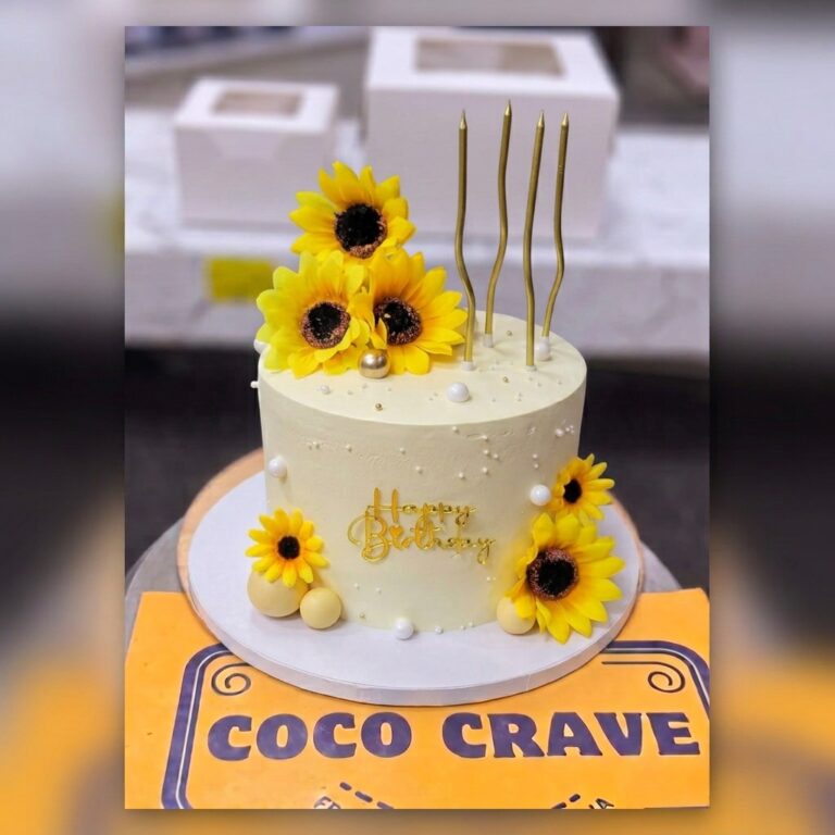 White Sunflower Gold Candle Birthday Cake in Lahore