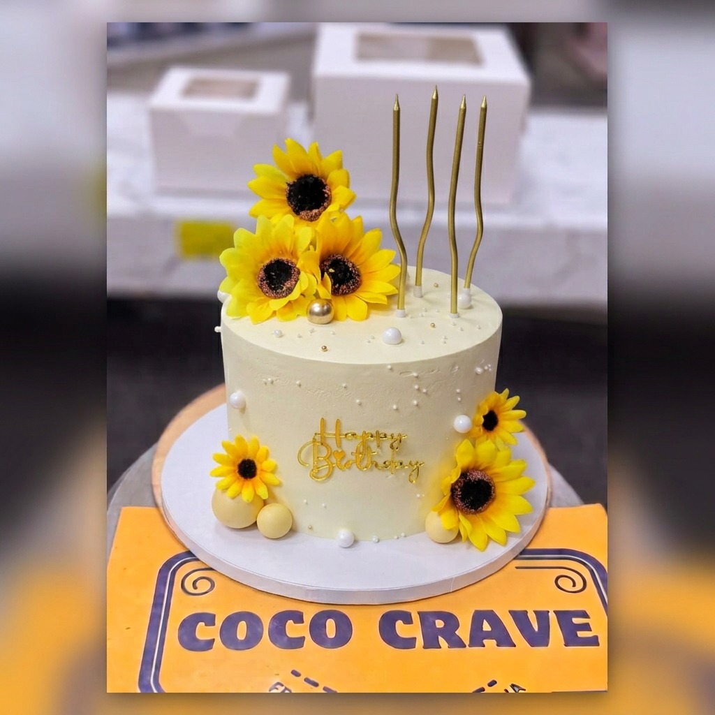 White Sunflower Gold Candle Birthday Cake in Lahore White Sunflower Gold Candle Birthday Cake in Lahore — CocoCrave Lahore