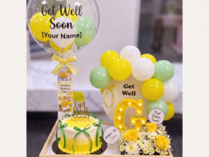 Yellow Get Well Soon Cake Balloon and Flowers Gift Set in Lahore