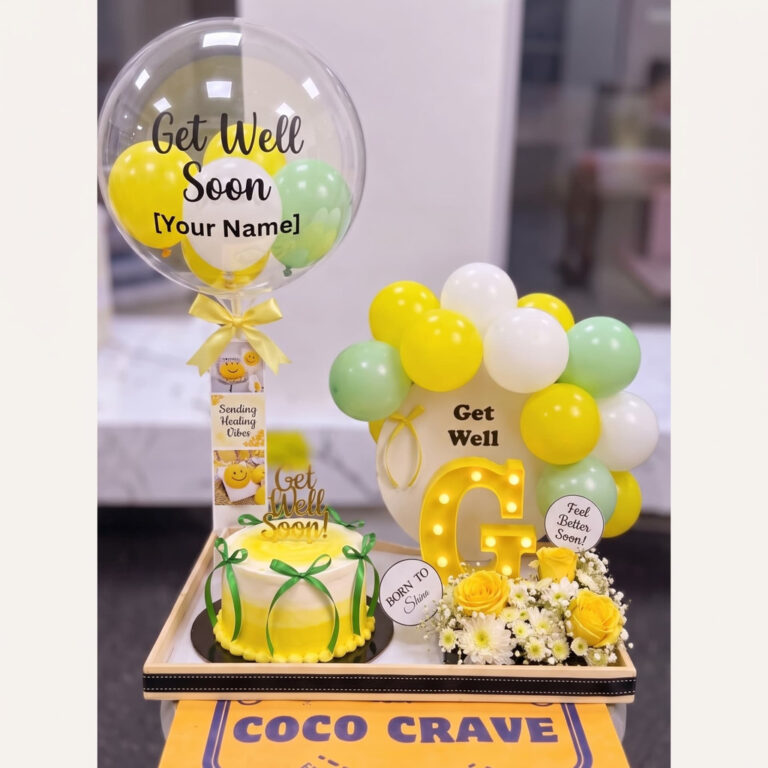 Yellow Get Well Soon Cake Balloon and Flowers Gift Set in Lahore